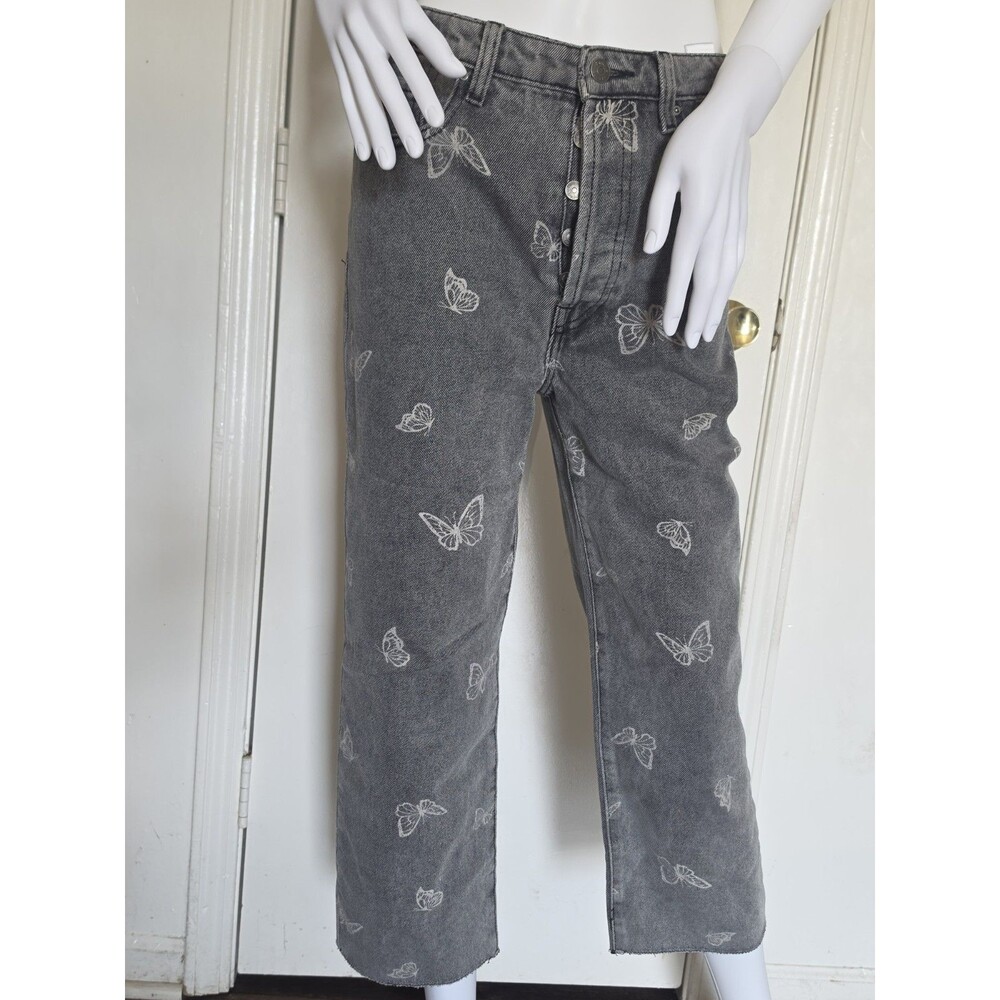 Simple Society Black Butterfly Print Straight Leg Jeans Size 7 / 28 High Rise